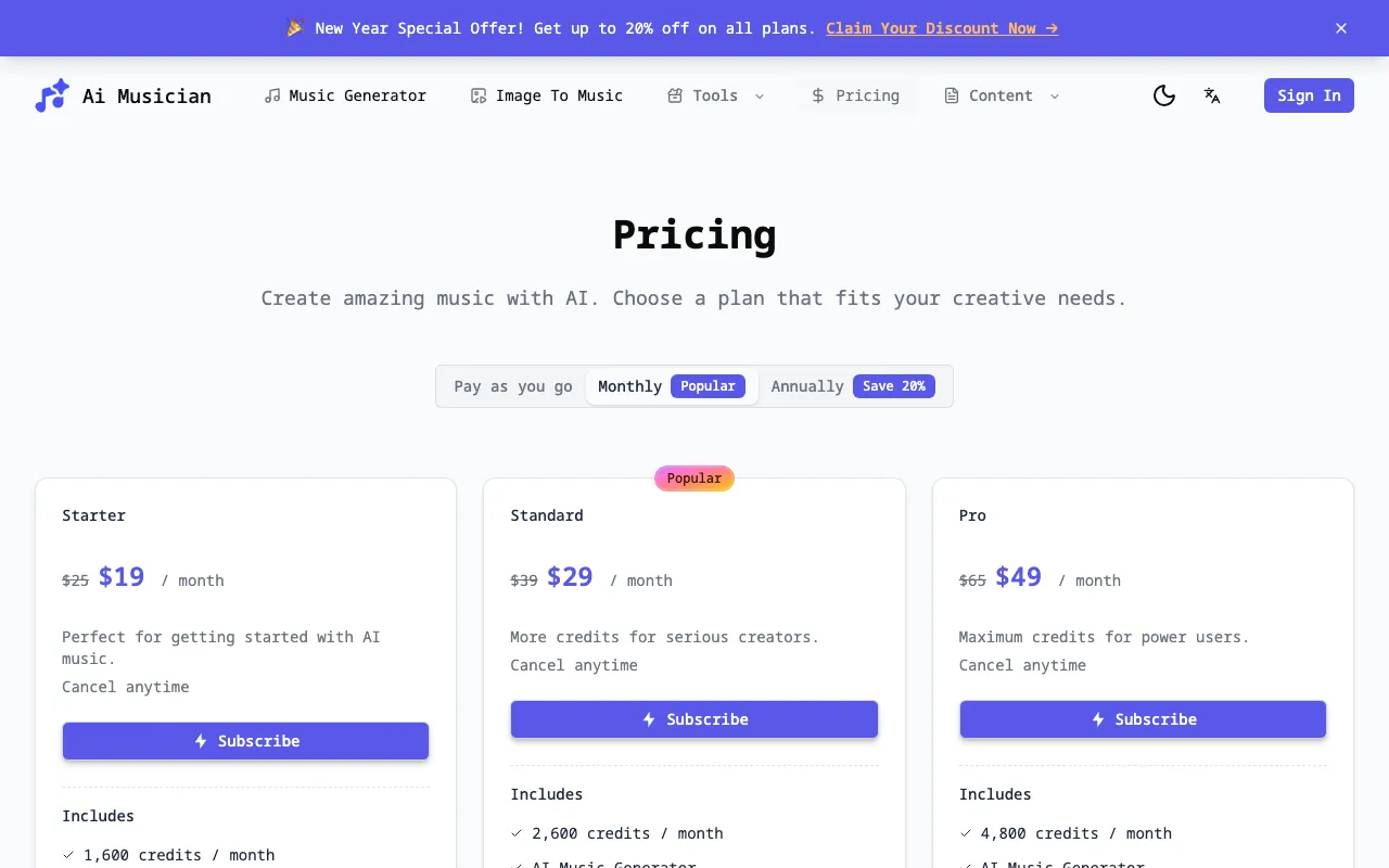 Ai Musician — pricing page