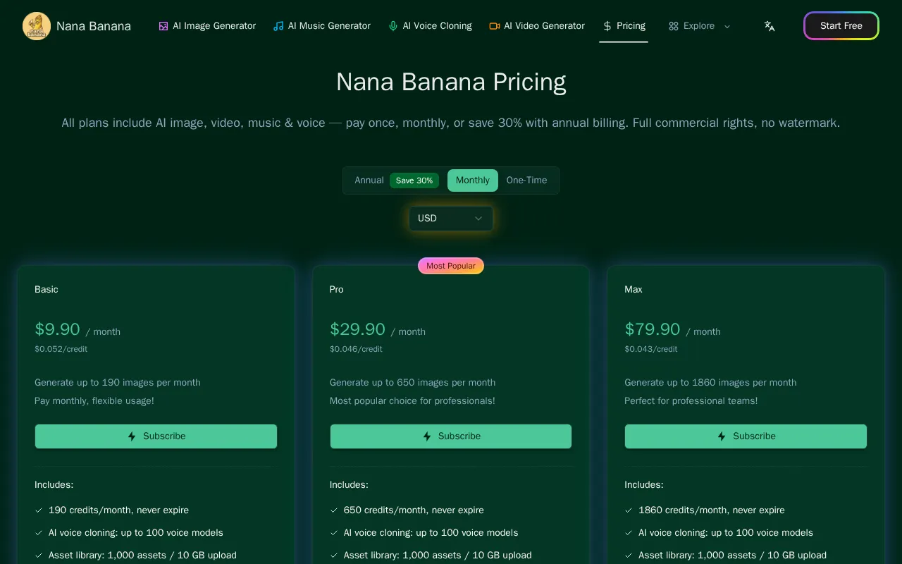 AI Nana Banana — pricing page