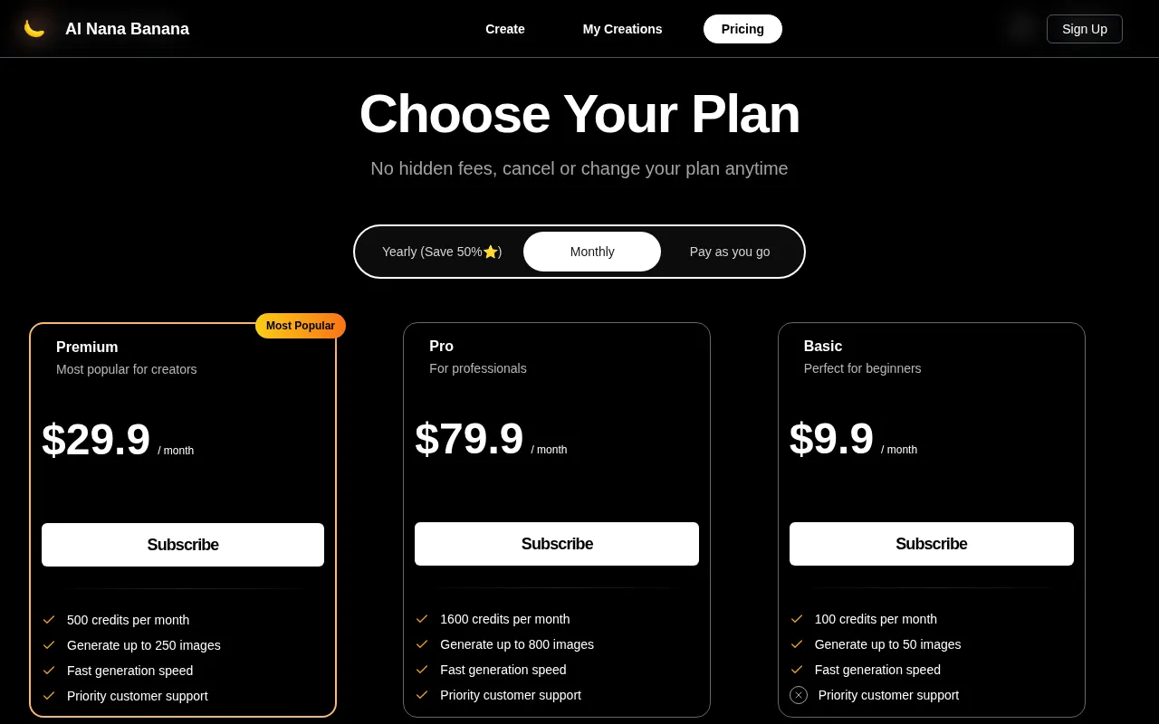 AI Nana Banana — pricing page