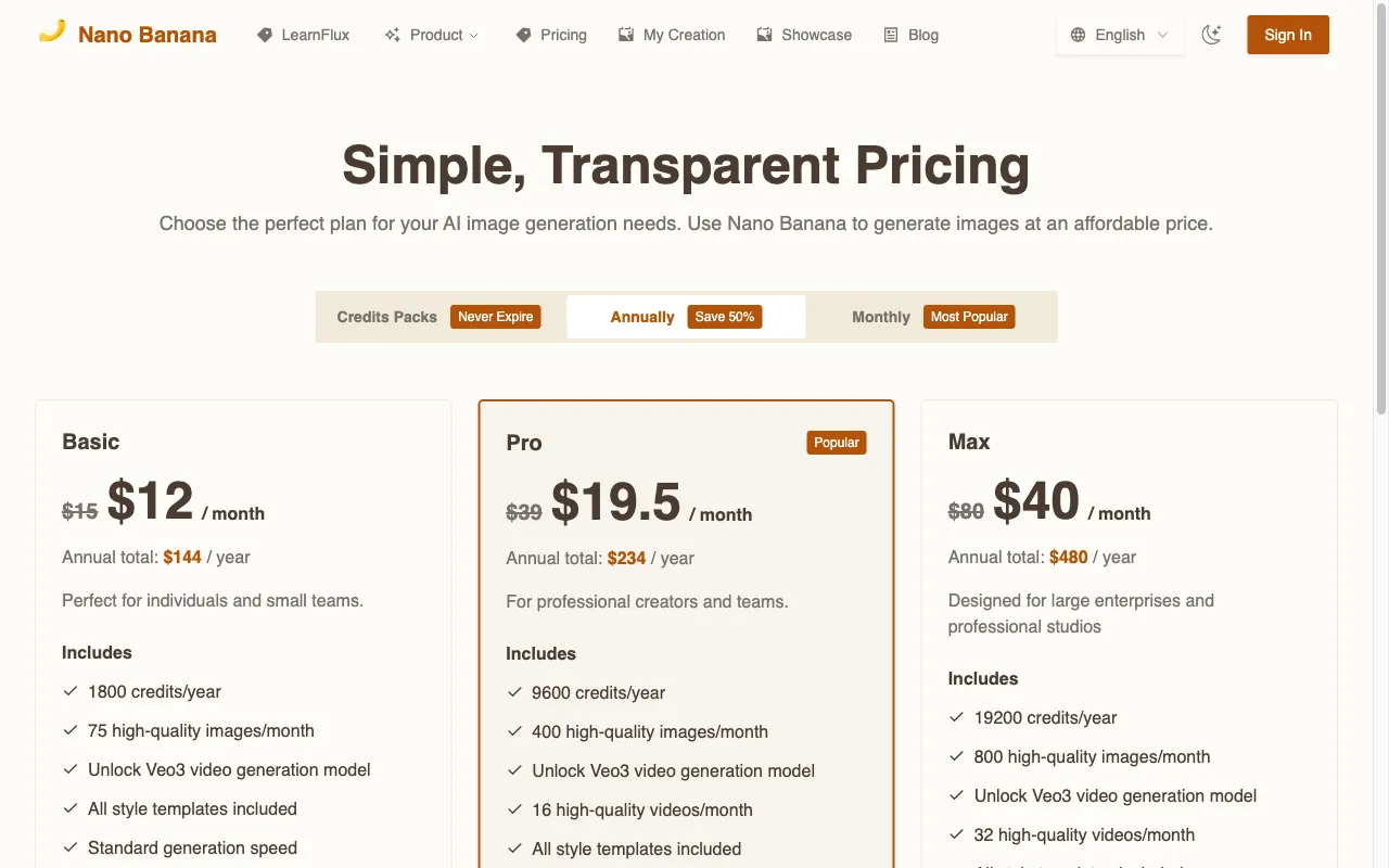 Nano Banana — pricing page