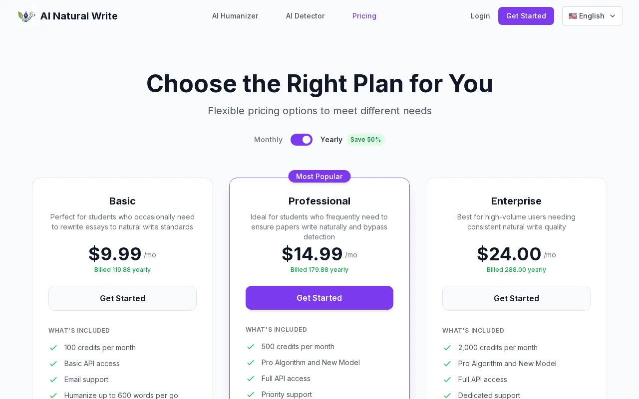 AI Natural Write — pricing page