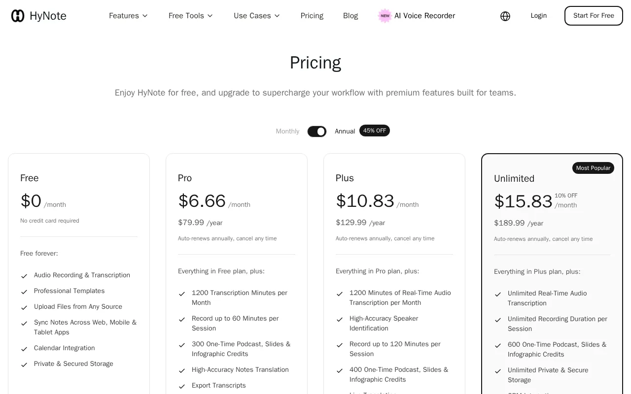 HyNote - AI Note Taker — pricing page