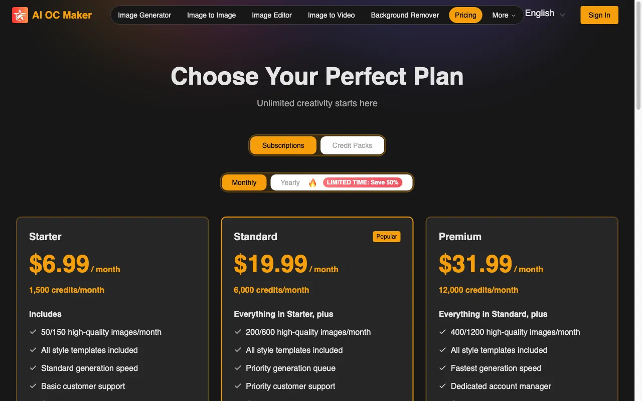 AI OC Maker — pricing page