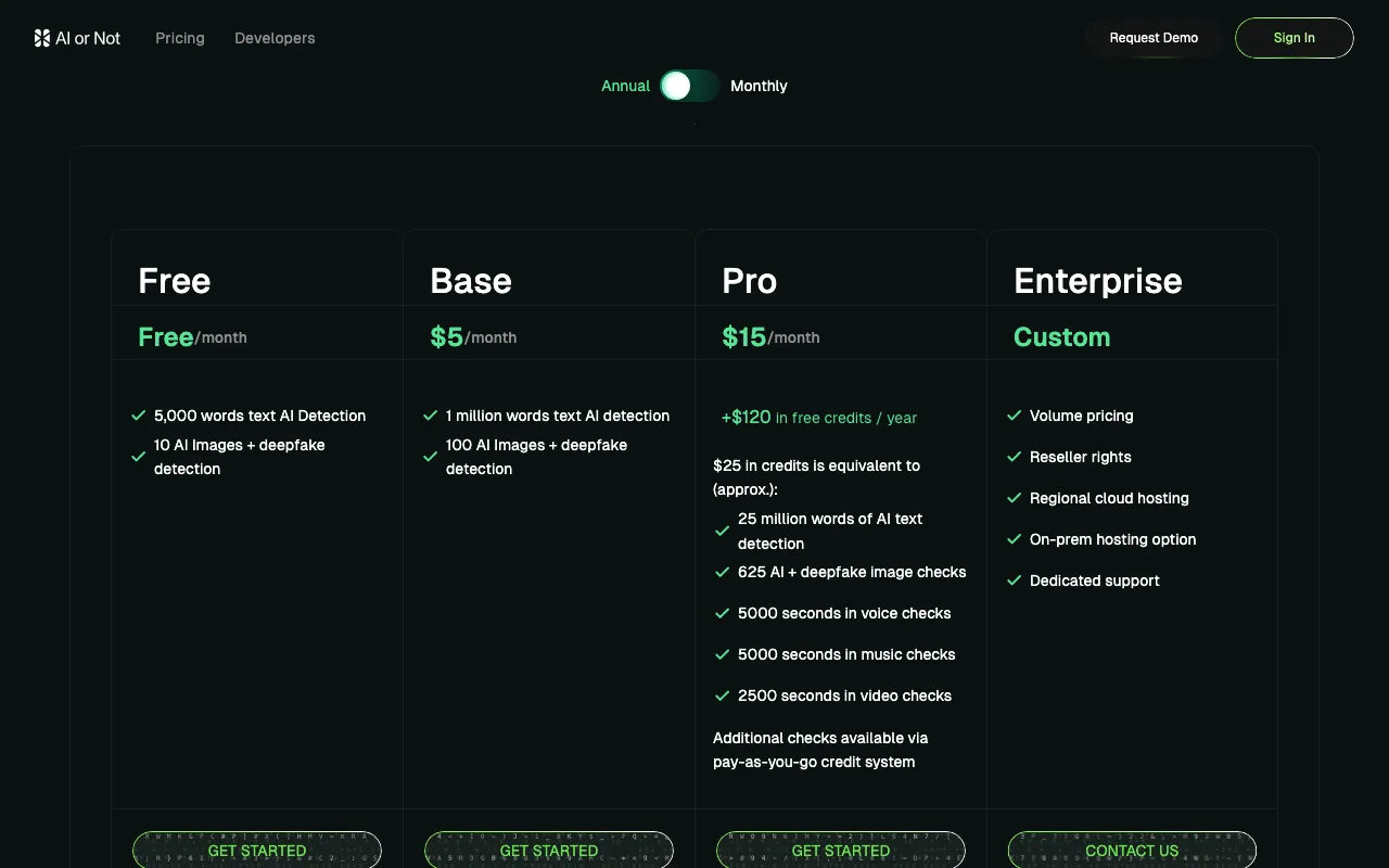 AI or Not — pricing page