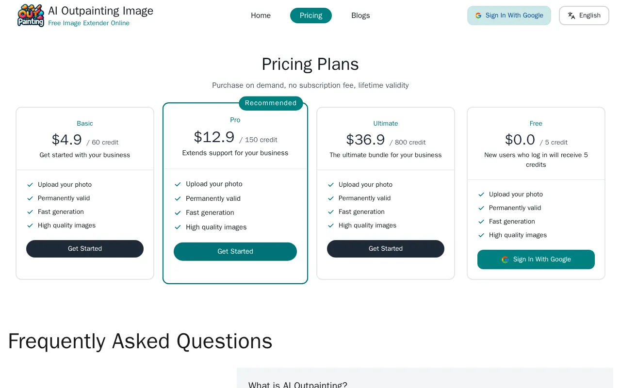 AI Outpainting Image — pricing page