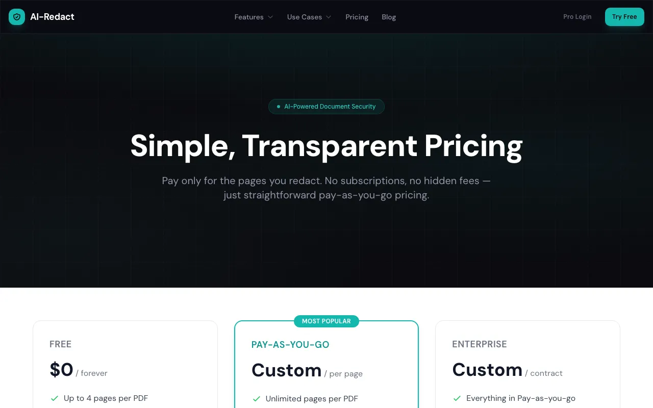 AI PDF redaction tool App — pricing page