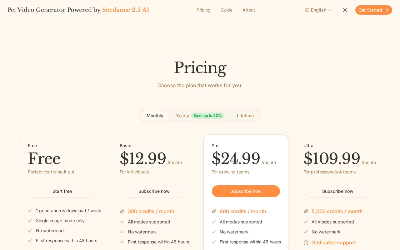AI Pet Video Generator Powered by Seedance — pricing page