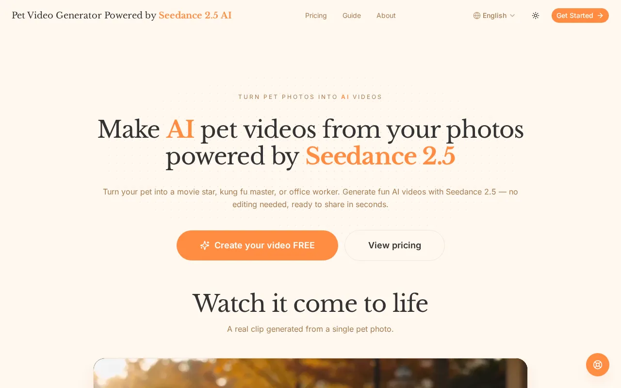 AI Pet Video Generator Powered by Seedance — preview screenshot