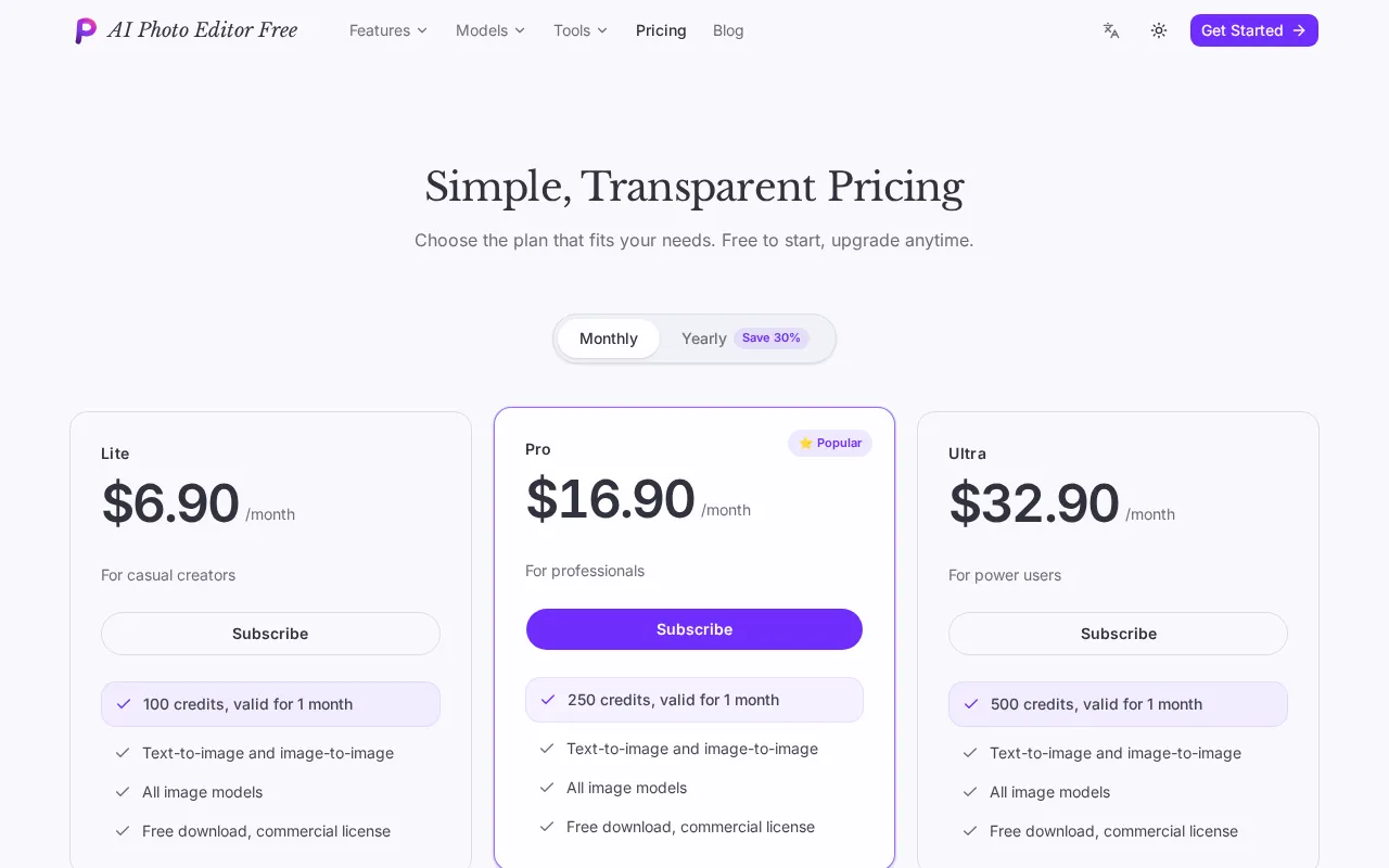 AI Photo Editor Free — pricing page