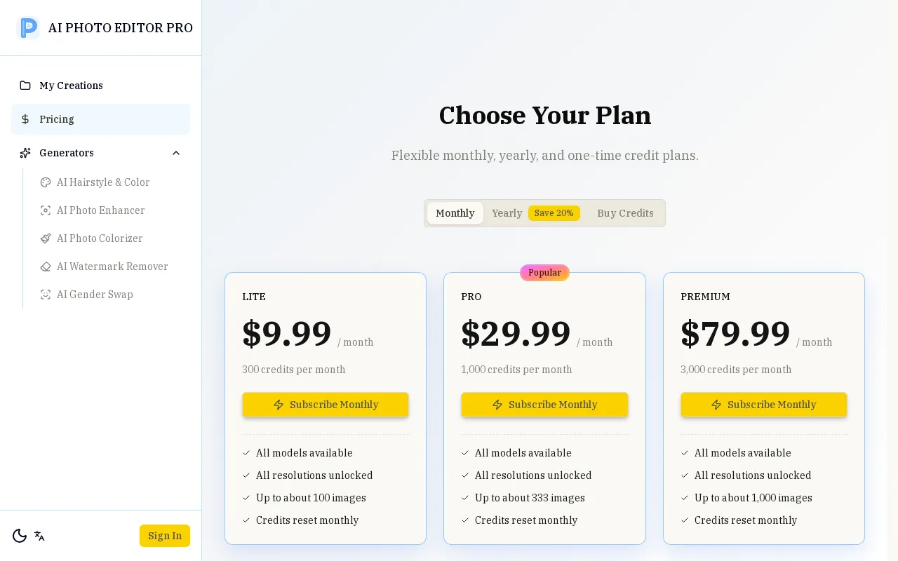 AI Photo Editor Pro — pricing page