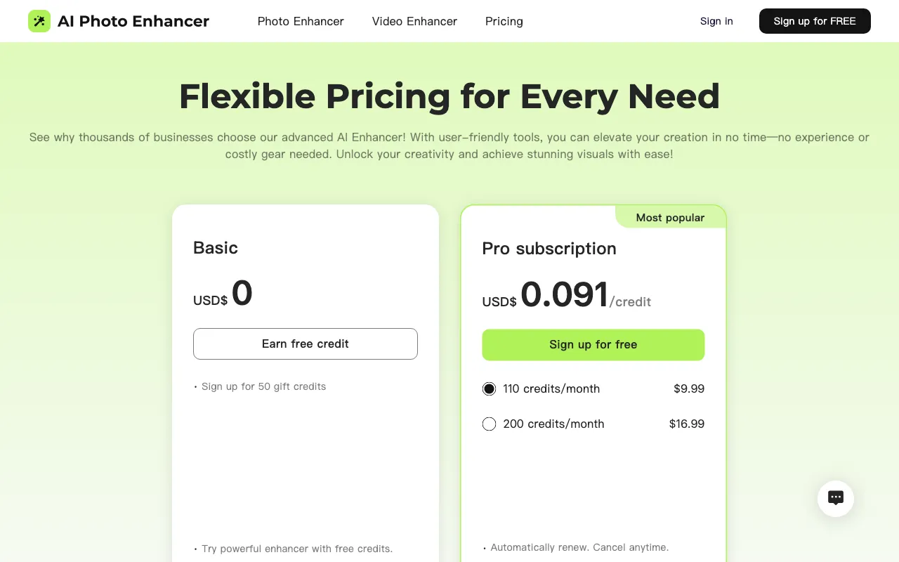 AI Photo Enhancer — pricing page