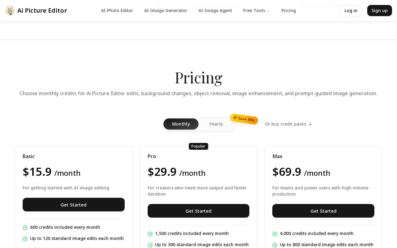 AI Picture Editor — pricing page