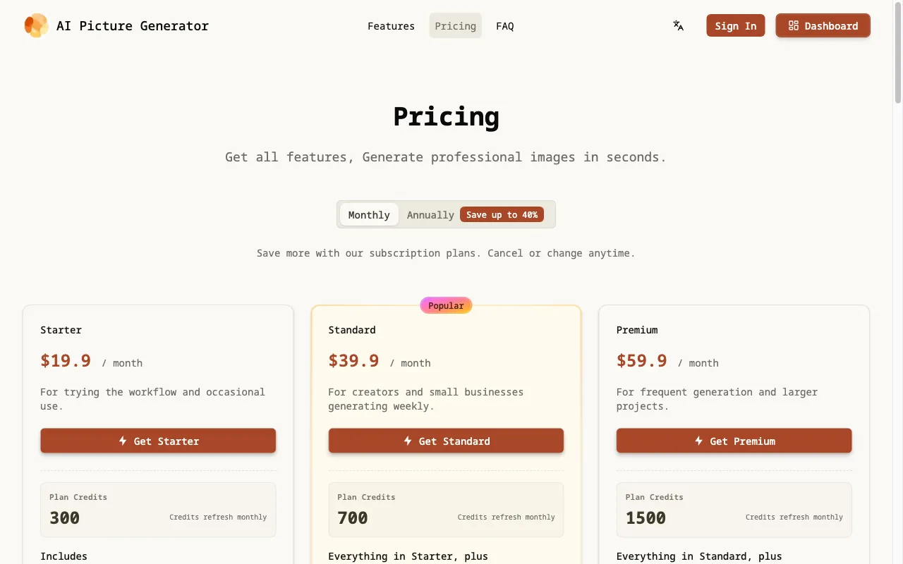 AI Picture Generator — pricing page