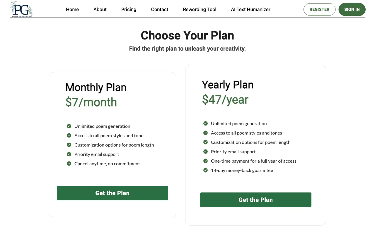 PoemGenerator.io — pricing page