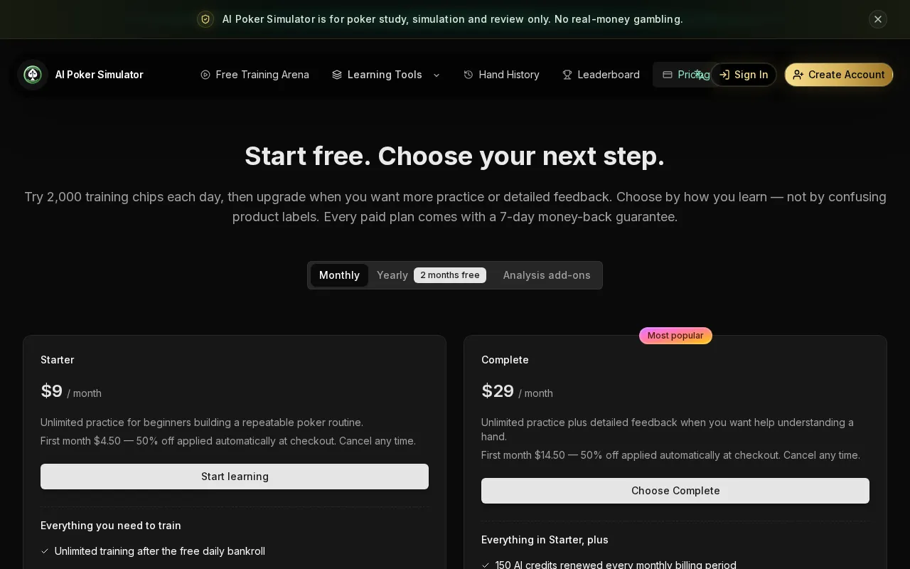 AI Poker Simulator — pricing page