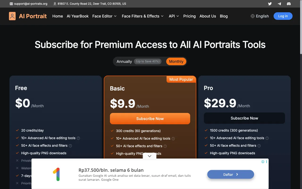 AI Portrait — pricing page