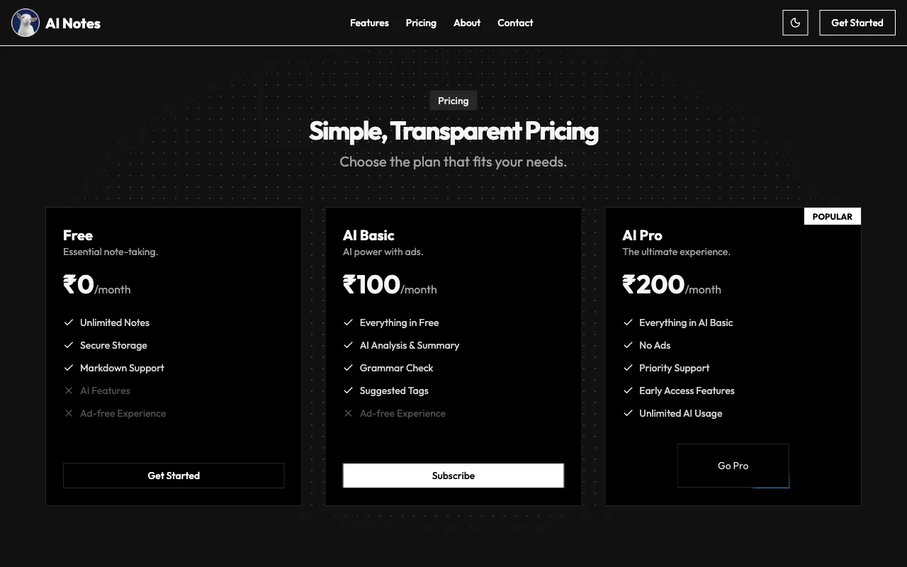 AI-Powered Notes Taker — pricing page