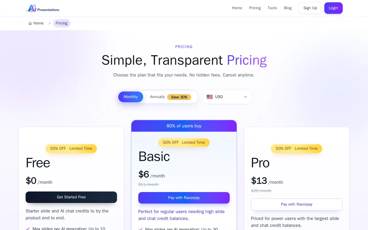 AI Presentations App — pricing page