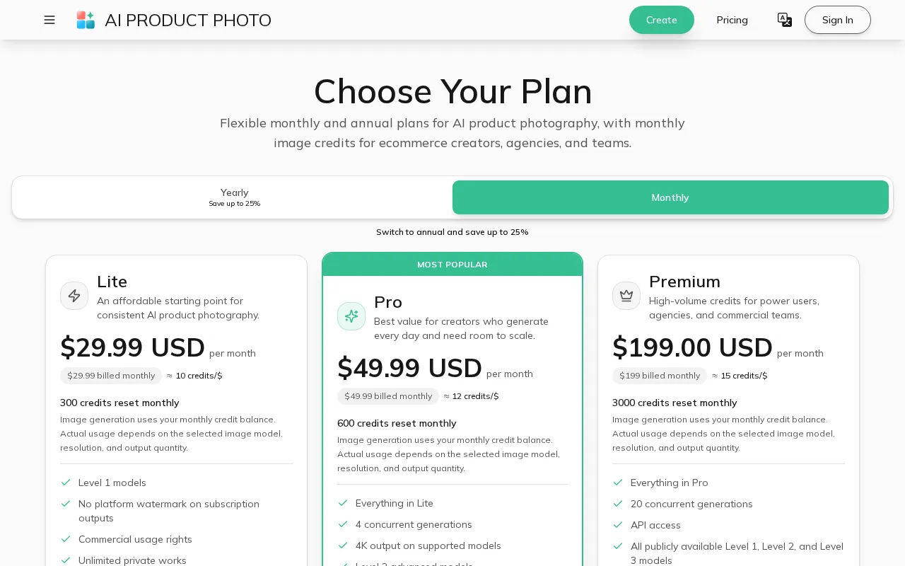 AI PRODUCT PHOTO — pricing page