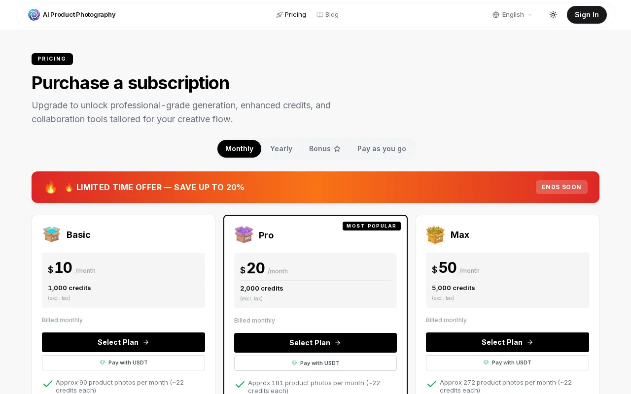 AI Product Photography — pricing page