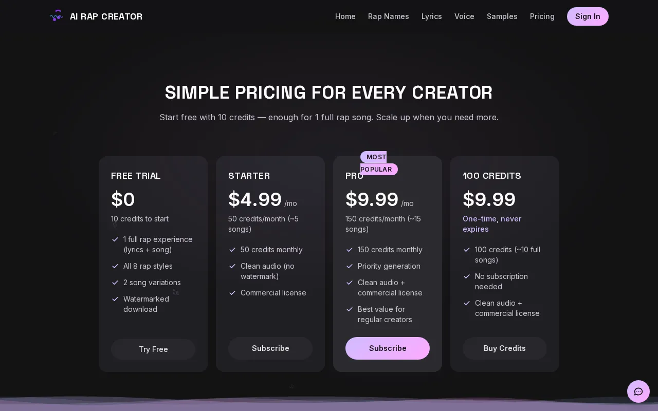 AI Rap Creator.com — pricing page