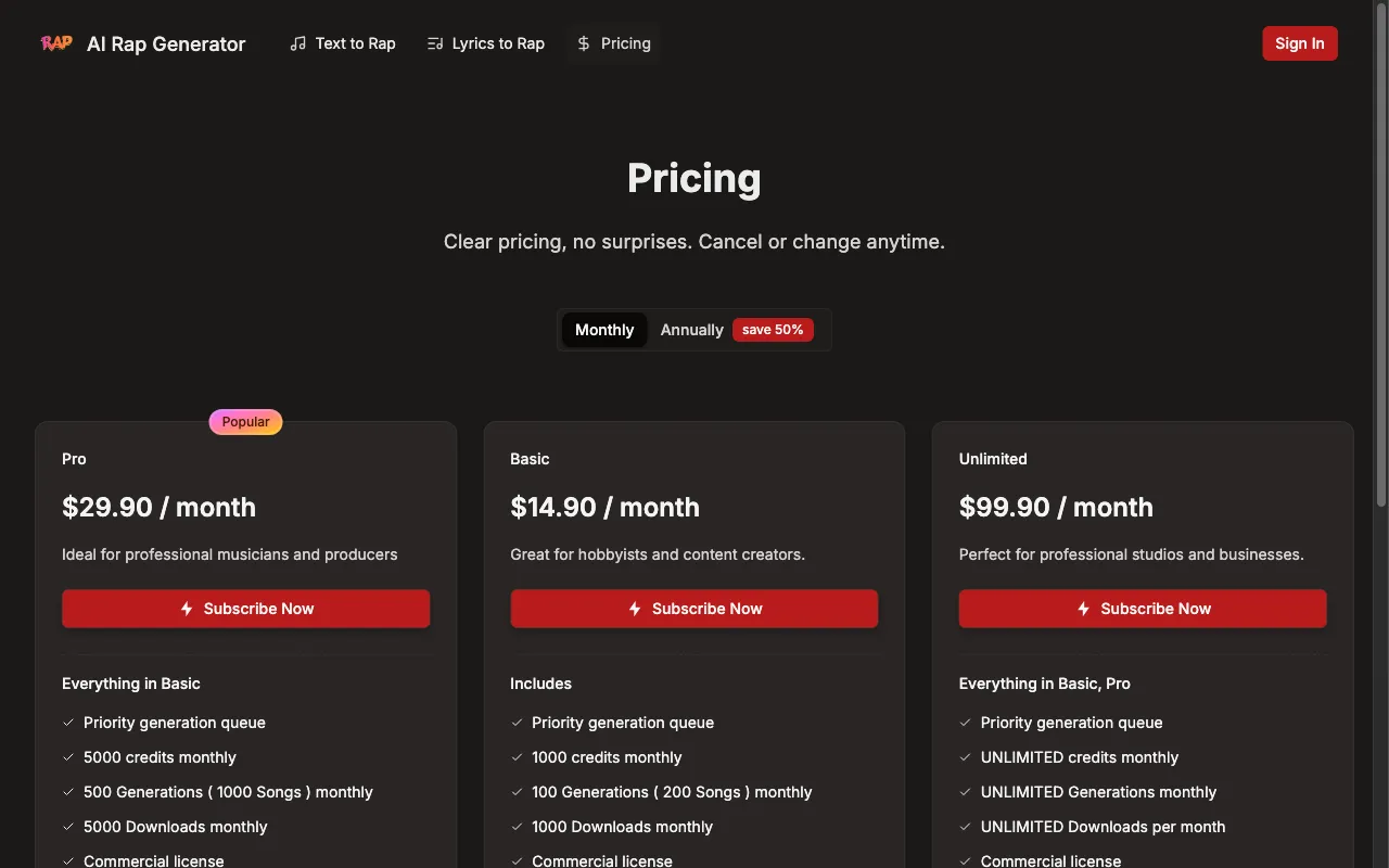 AI Rap Generator — pricing page