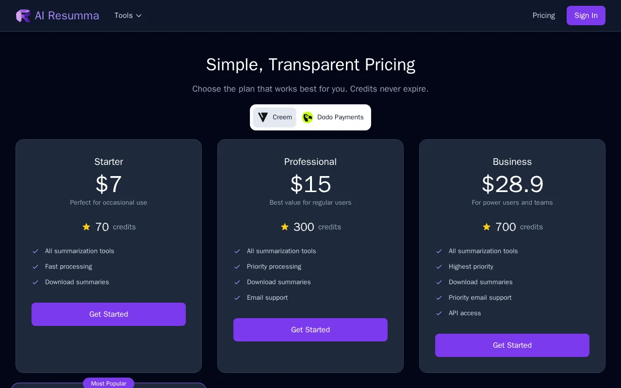 AI Resumma — pricing page