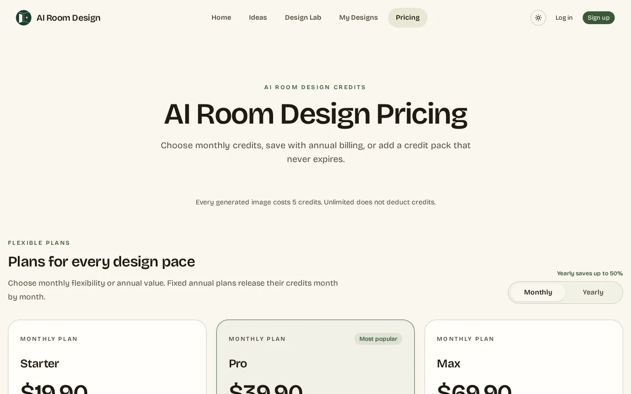 AI Room Design — pricing page