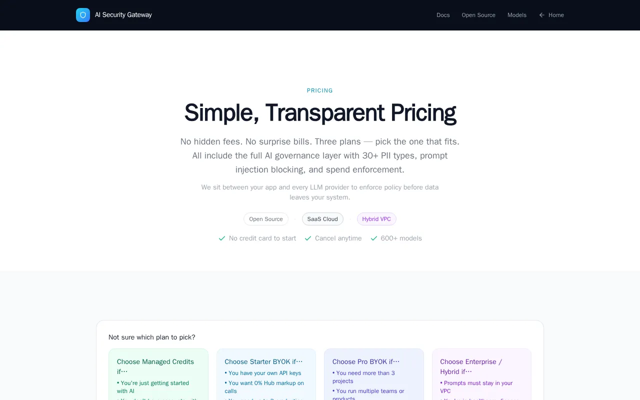 AI Security Gateway — pricing page