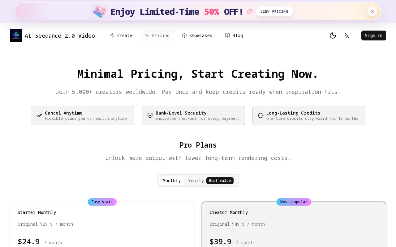 AI Seedance 2.0 Video — pricing page