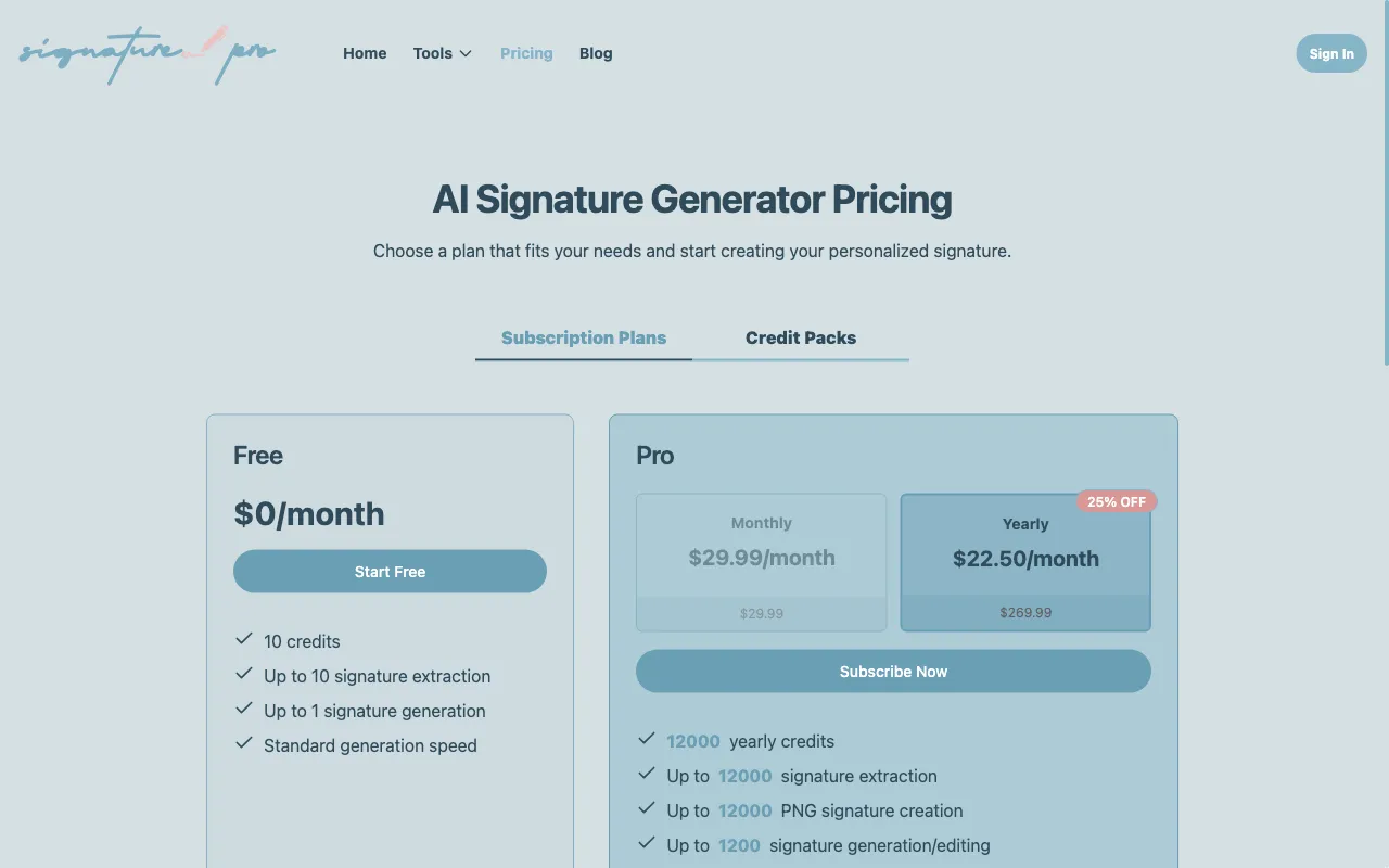 AI Signature Generator — pricing page