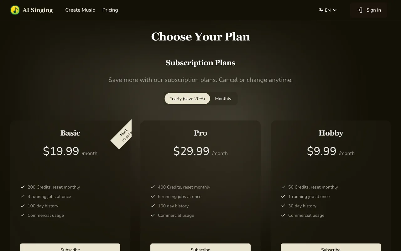 AI Singing — pricing page