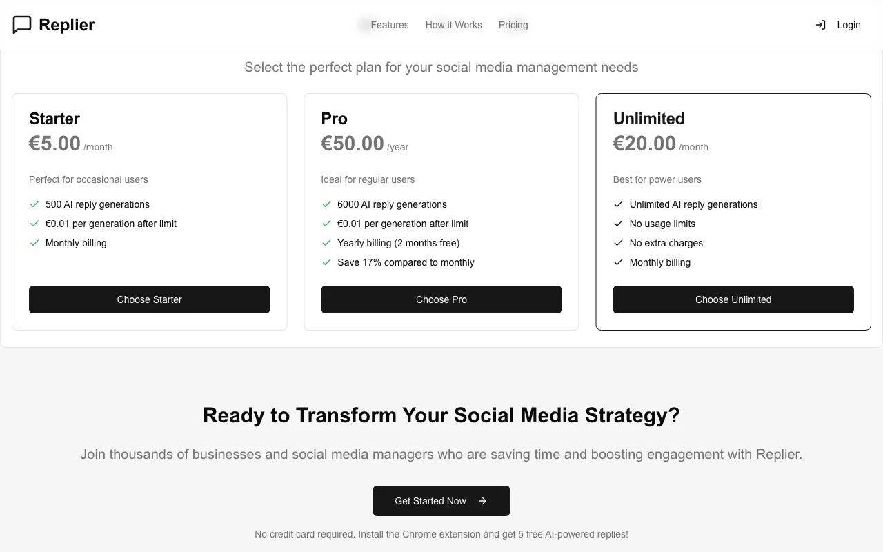 AI Social Replier — pricing page