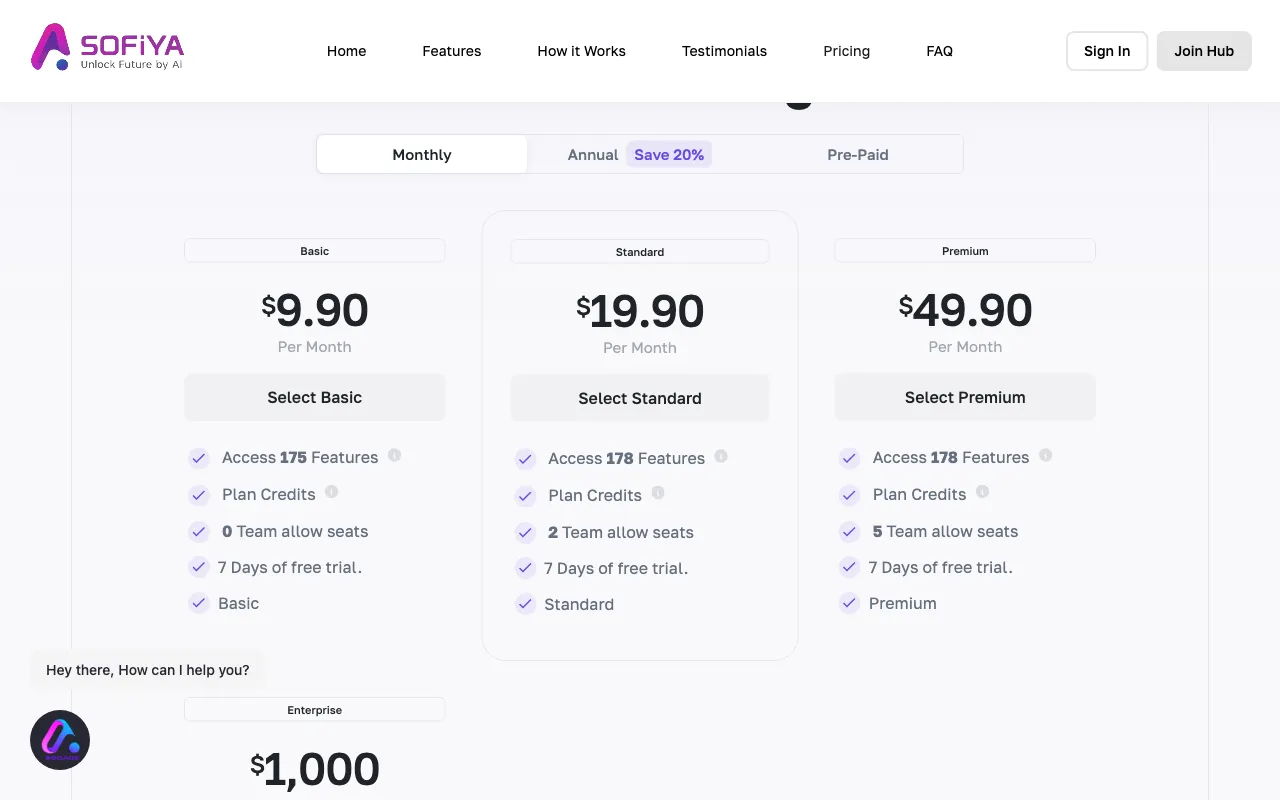 Ai Sofiya — pricing page