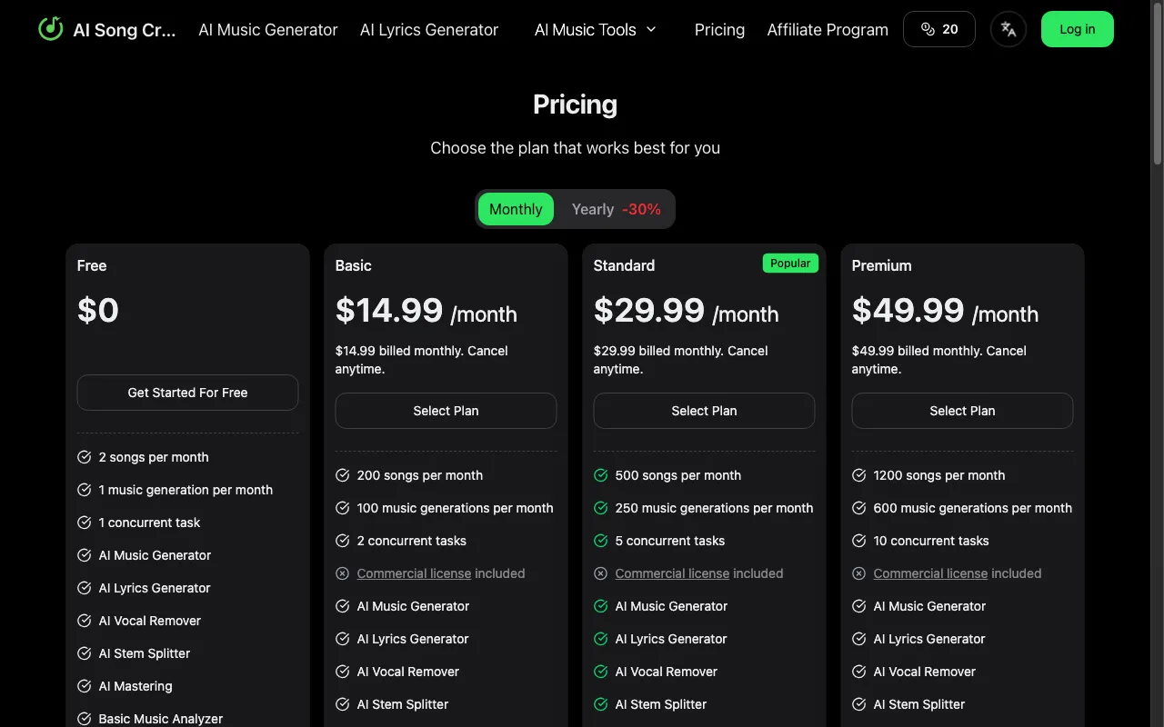 ai song creator — pricing page