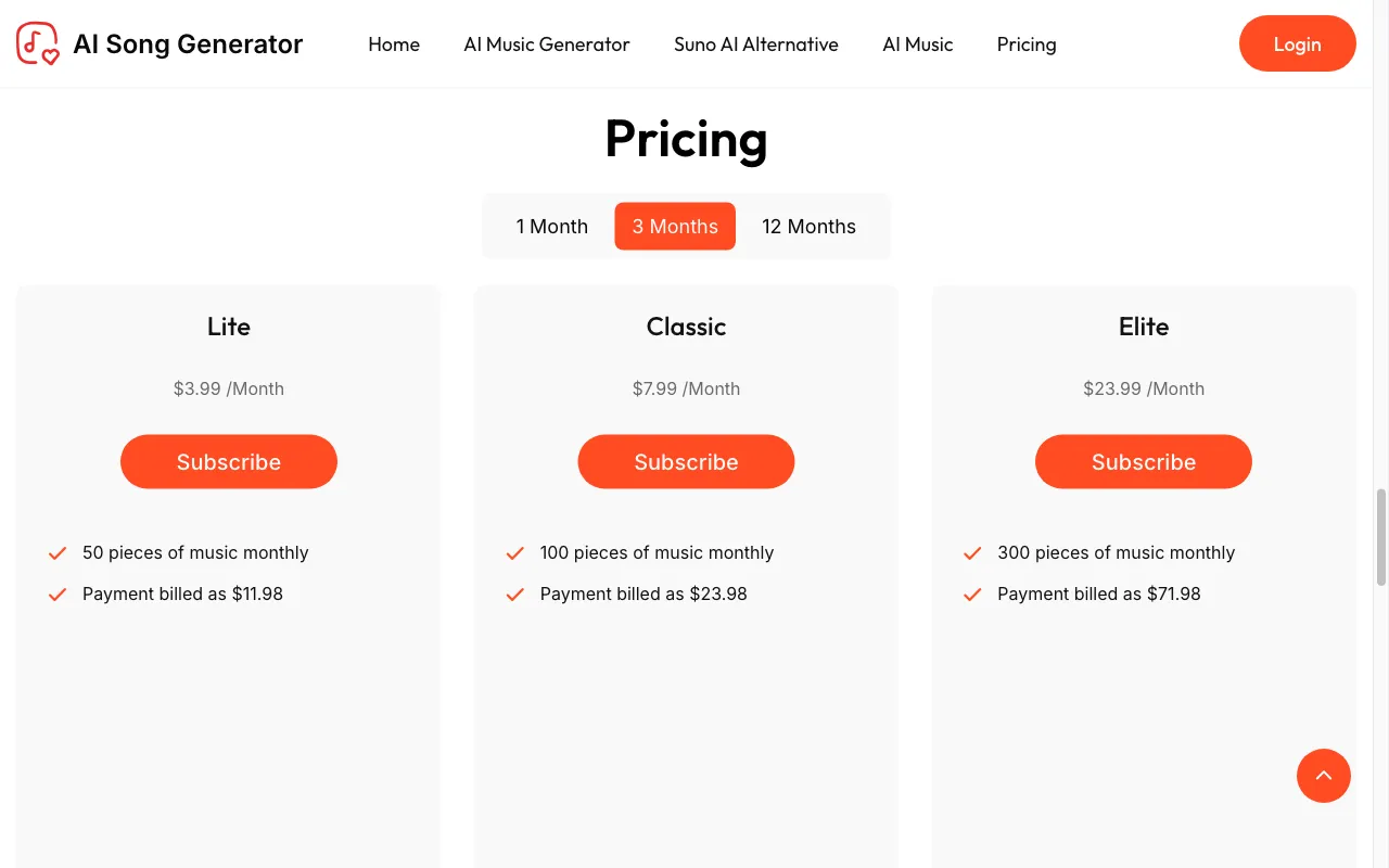 AI Song Generator — pricing page