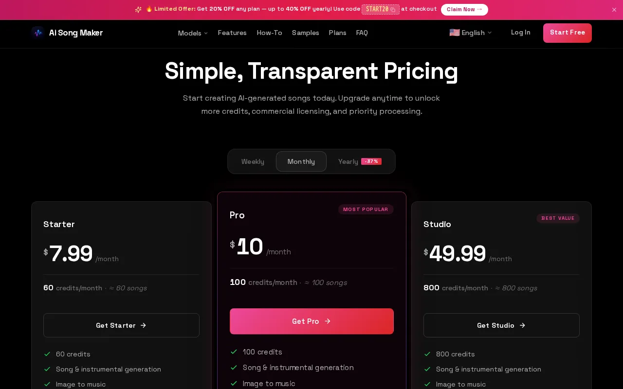 AI Song Maker — pricing page