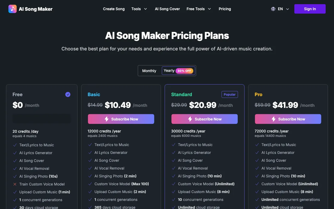 AI Song Maker — pricing page
