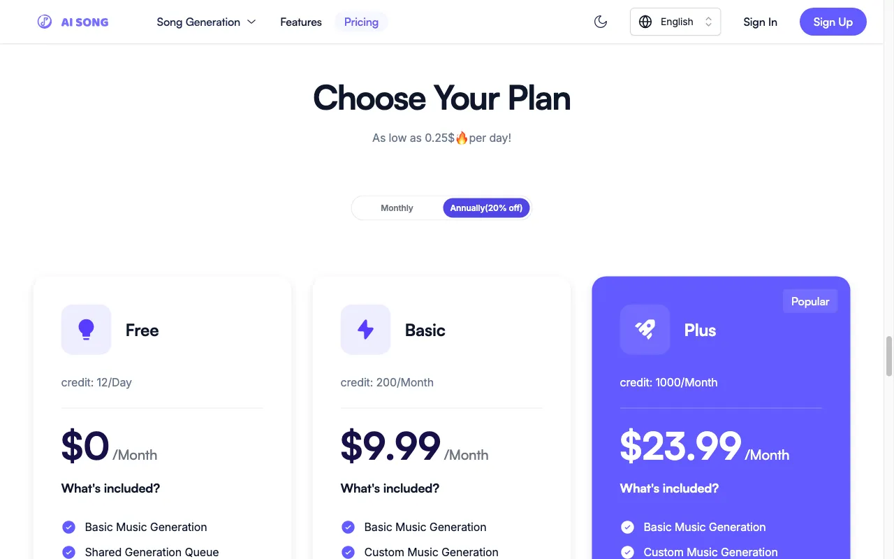 AI Song Online Free — pricing page