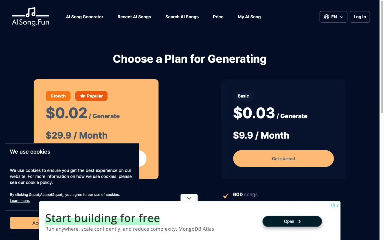 AI Song — pricing page