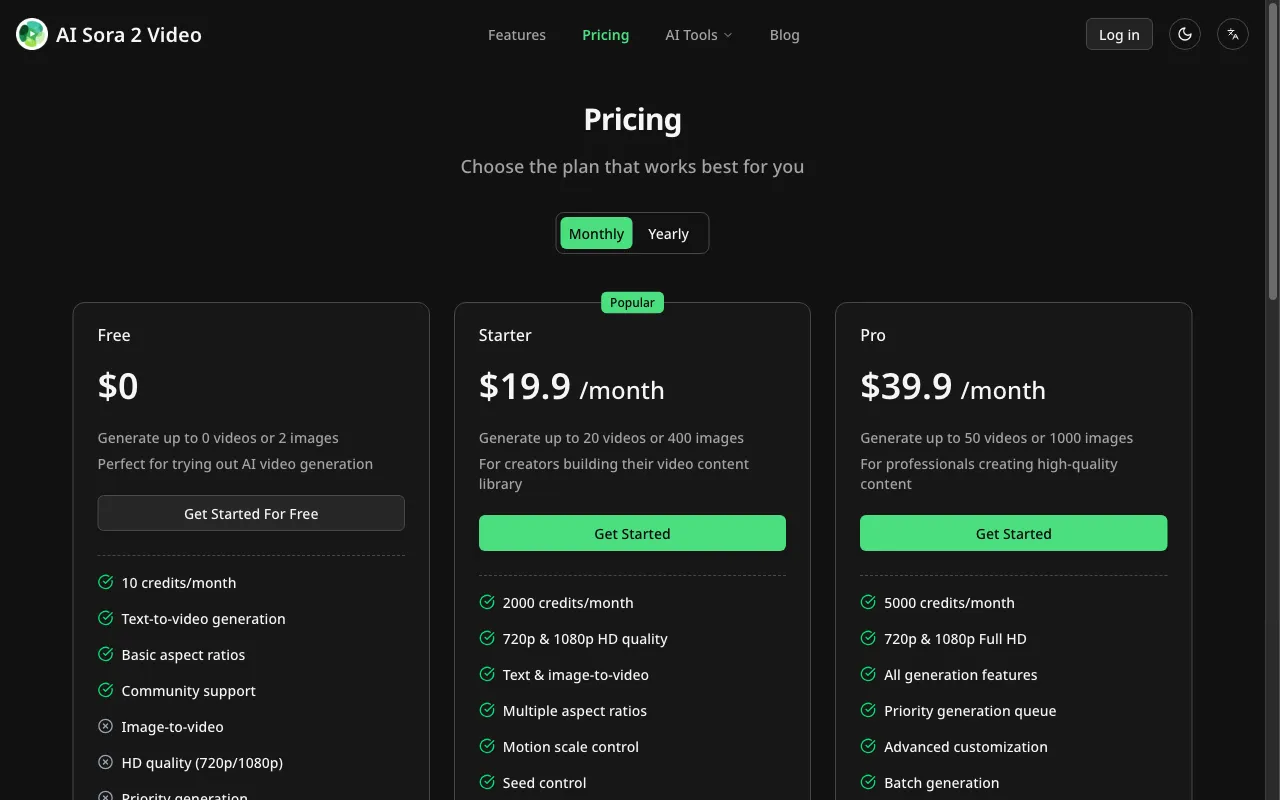 AI Sora 2 Video — pricing page