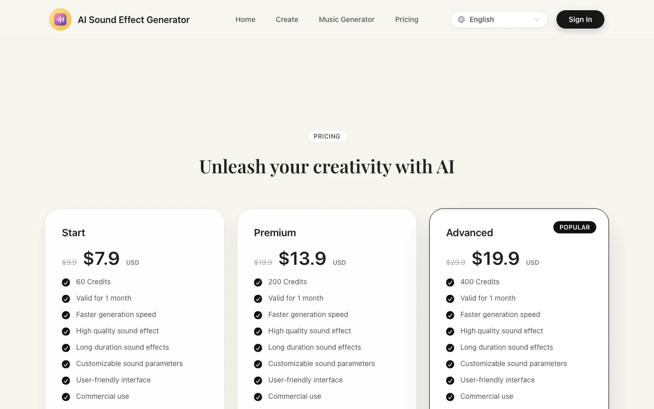 Ai Sound Effect Generator — pricing page