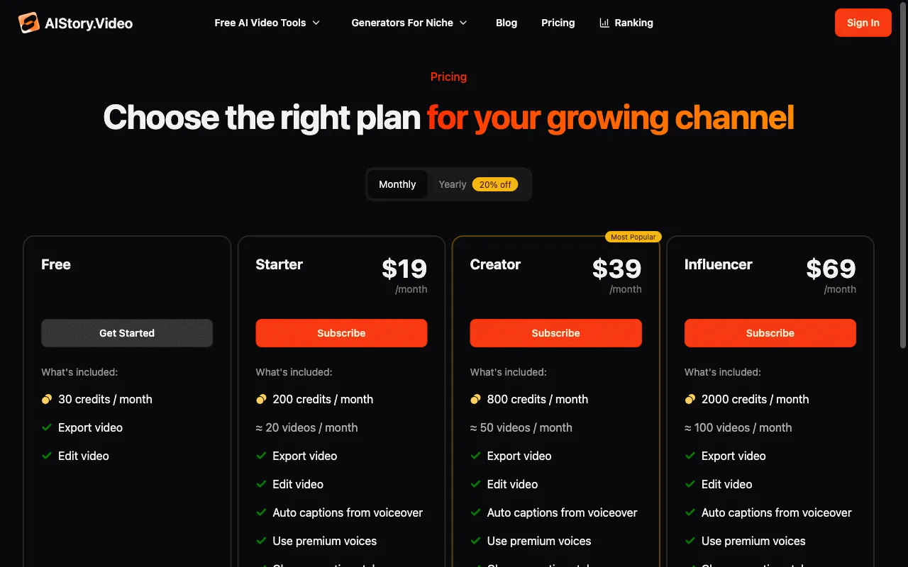 AI Story Video Generator — pricing page
