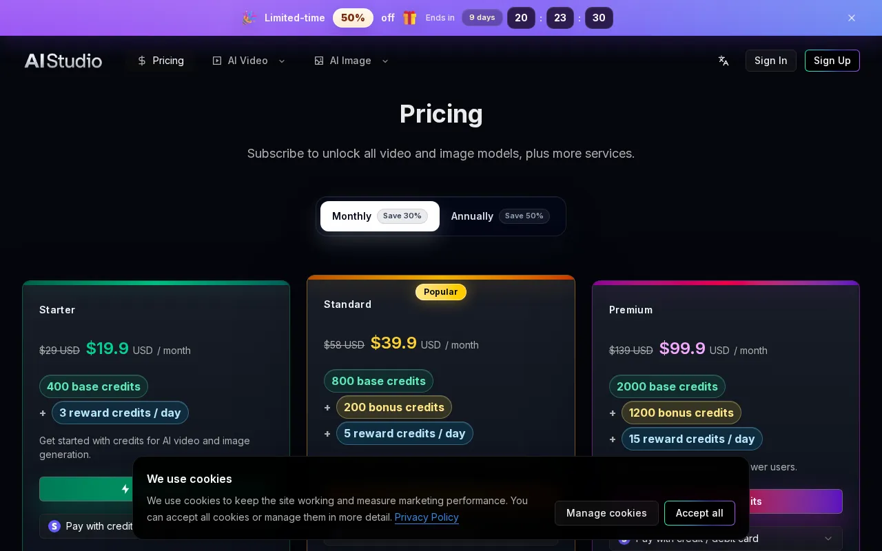 AI Studio for Video — pricing page