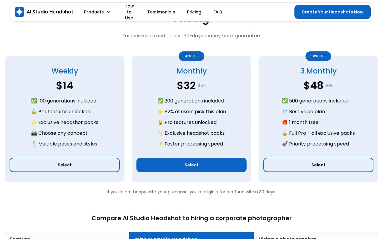 AI Studio Headshot — pricing page