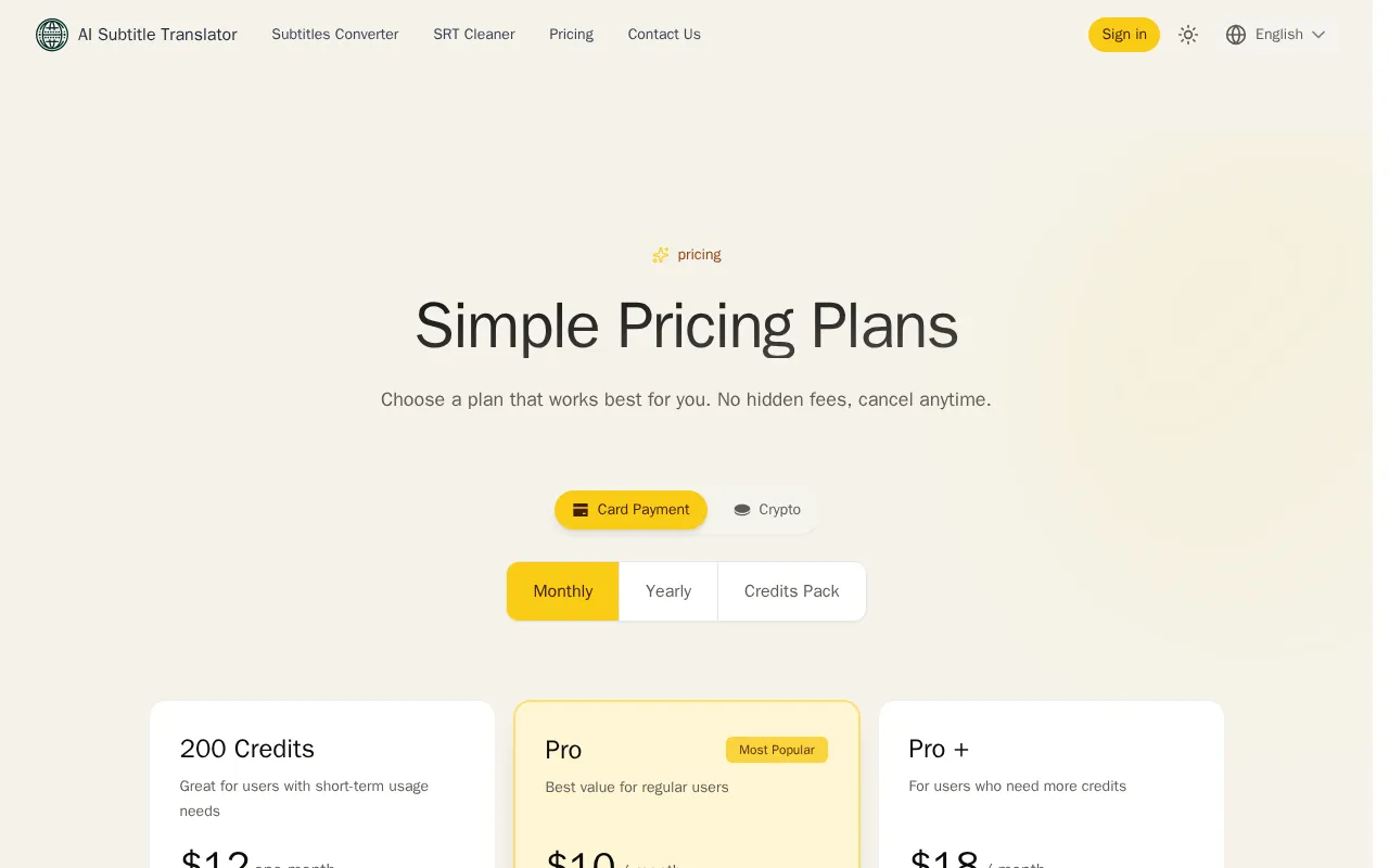 AI Subtitle Translator — pricing page