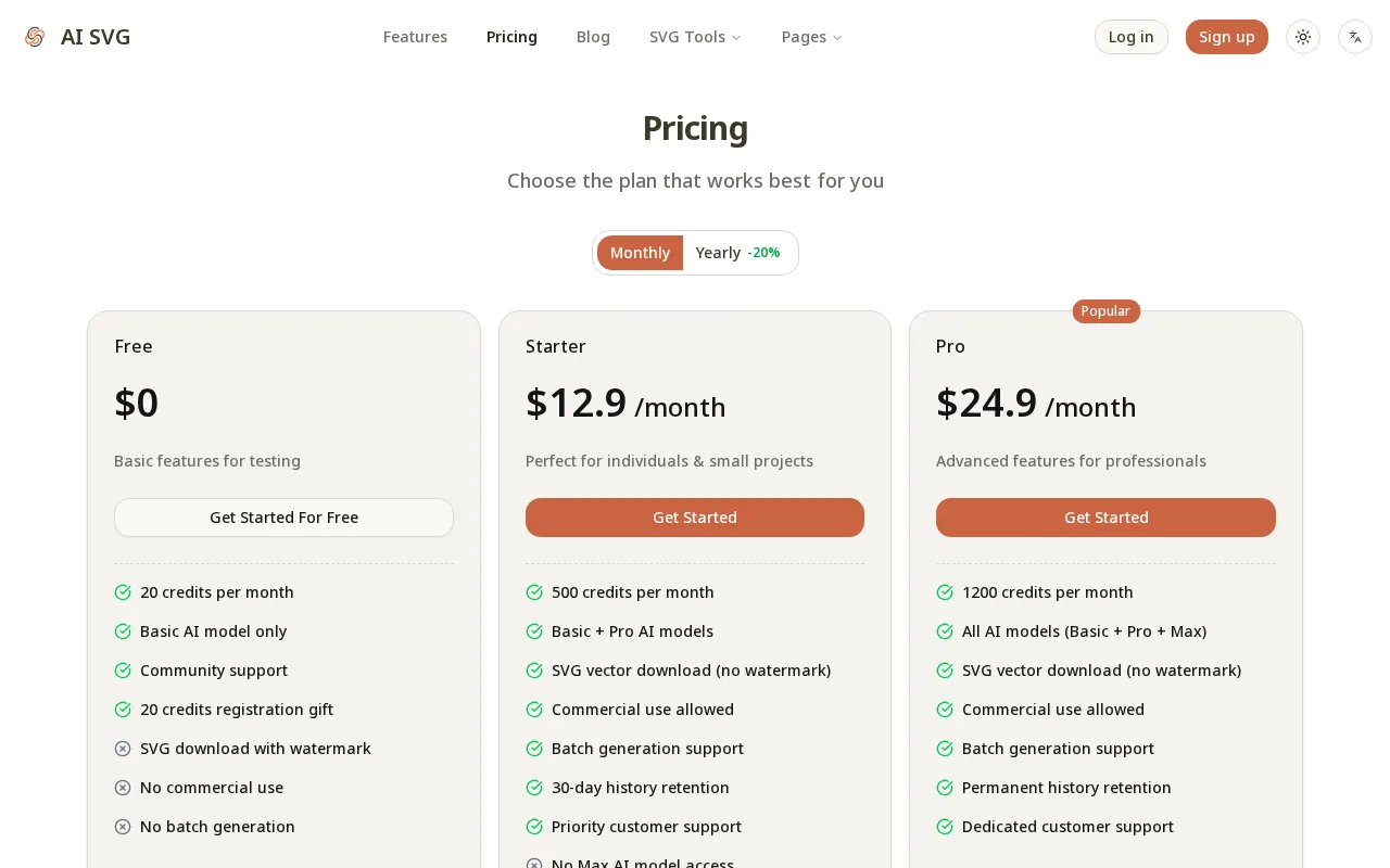 AI SVG.art — pricing page
