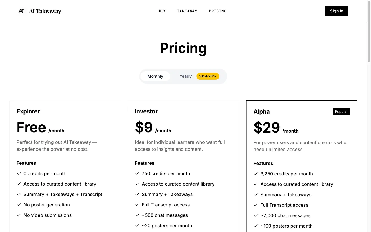 AI Takeaway — pricing page