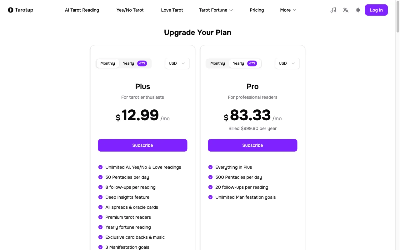 AI Tarot — pricing page