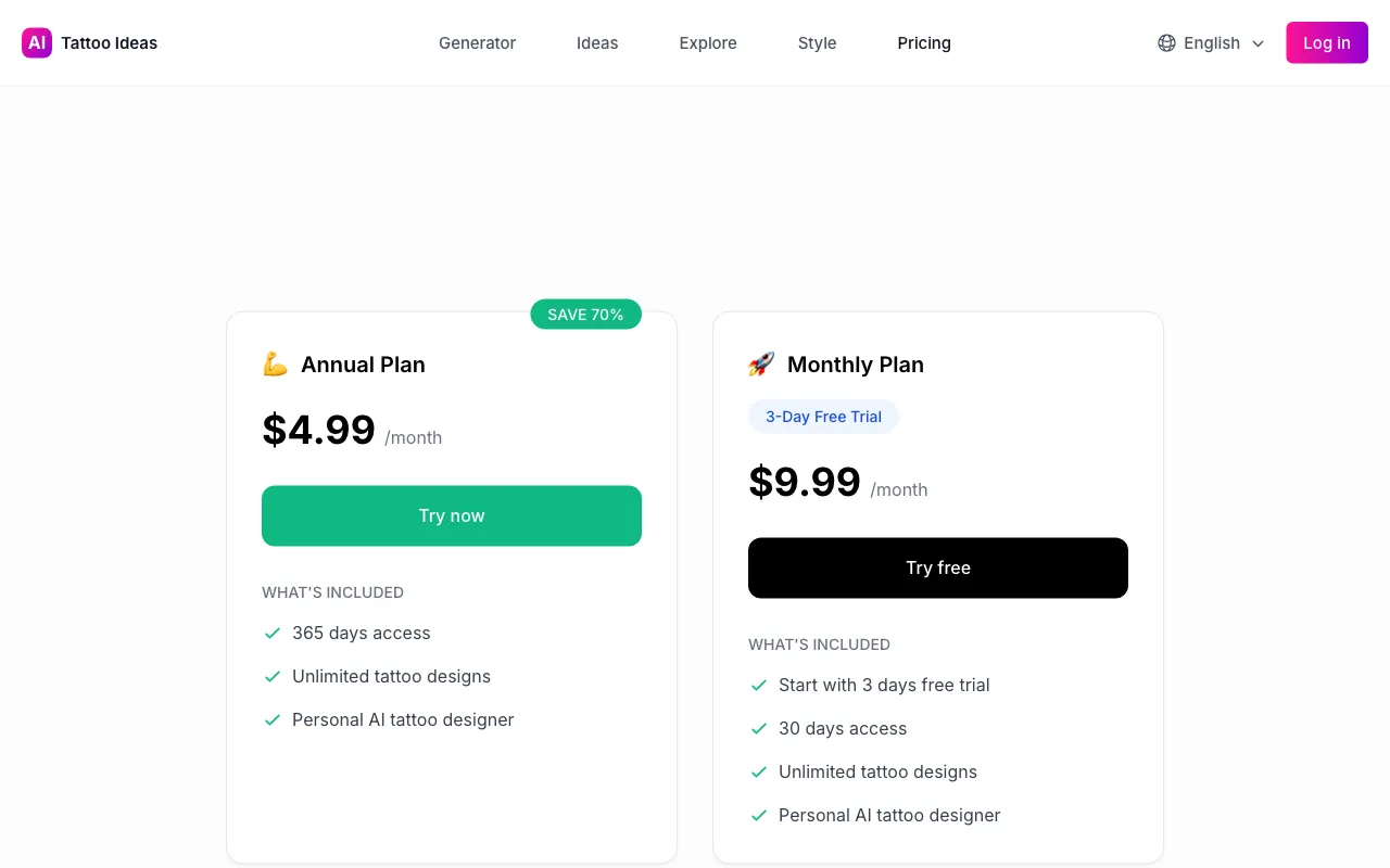 AI Tattoo Ideas — pricing page